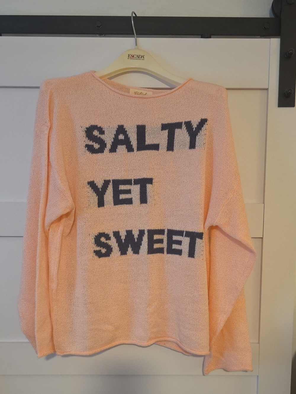 Listicle Peach Knit Sweater with Navy 'SALTY YET SWEET' Text